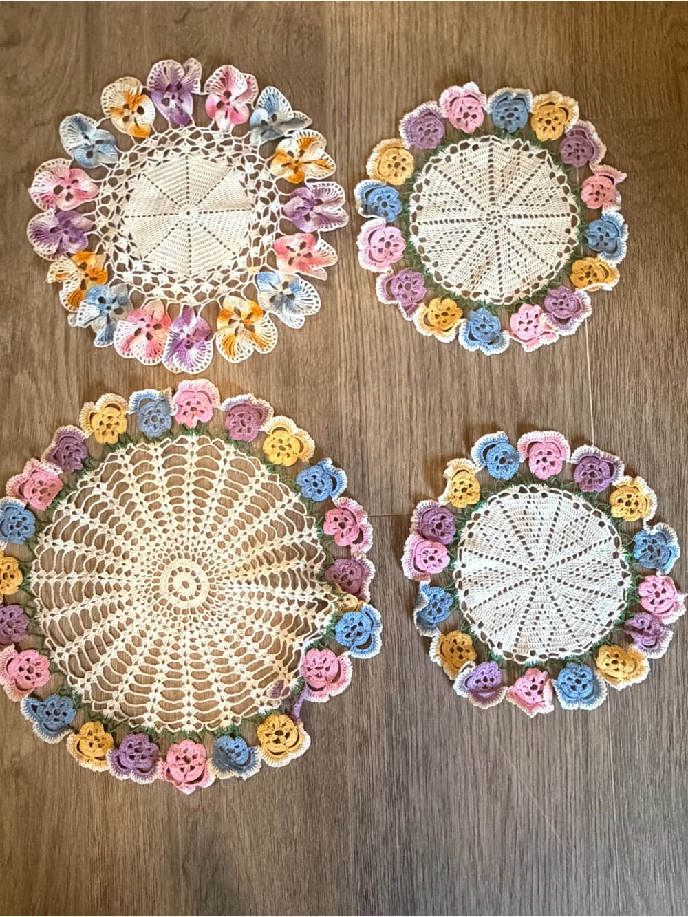 Set of 4 Crochet Doilies with Multicolor Flower Edging
